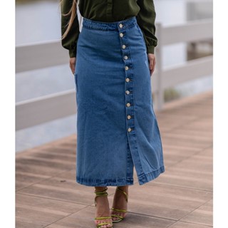 Saia Jeans Longa com Botões Dourados Laterais e Bolsos Cargo Longuete Moda evangélica (Ref. 1237) em Oferta na Shopee