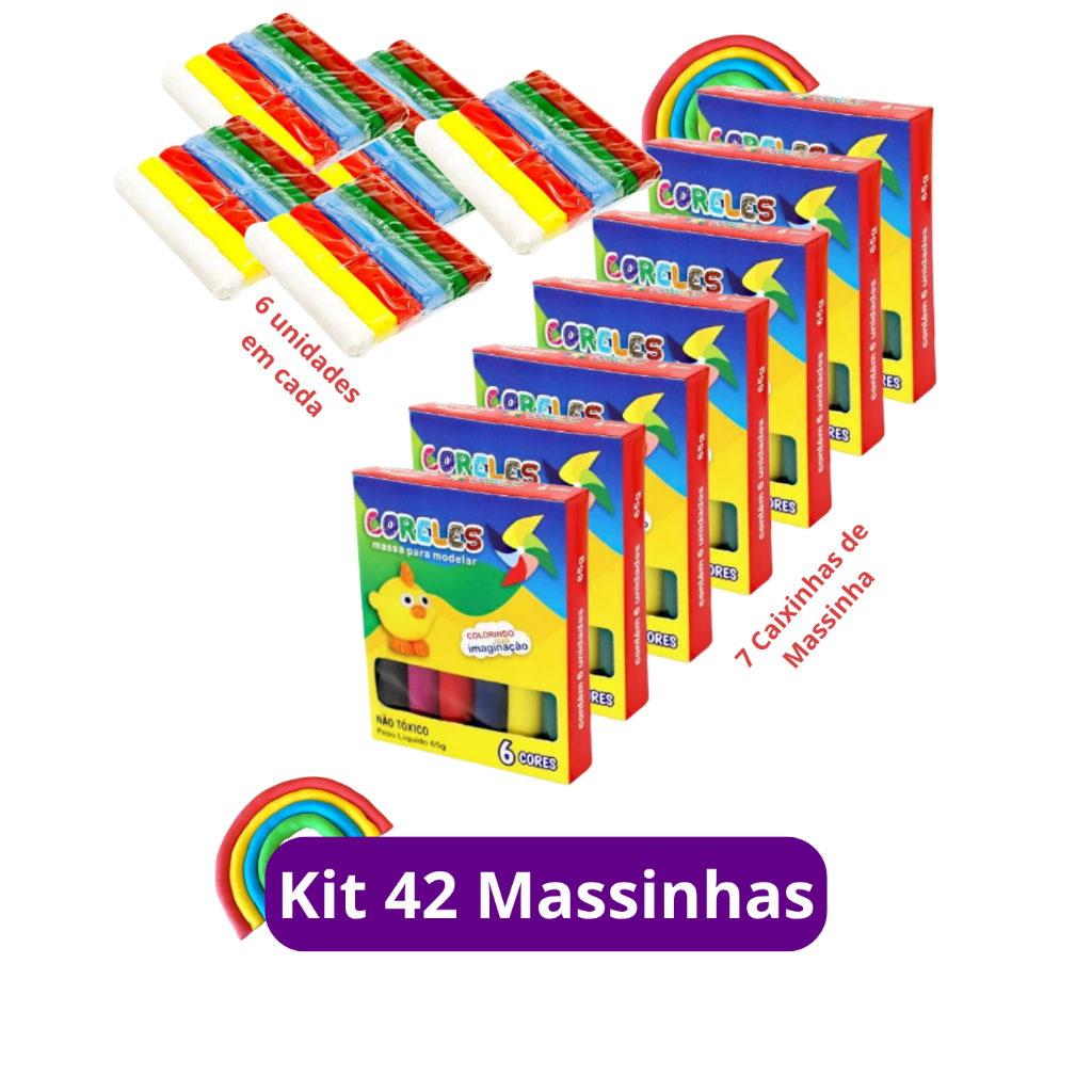 Kit 42 Massinha de Modelar 6 Cores Diferentes Colorida Kit Festa Lembrancinha Aniversario Prenda