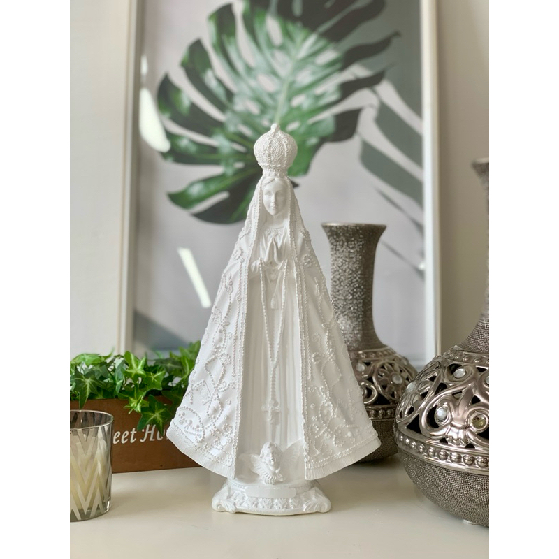 imagem nossa senhora aparecida 33cm manto pintura branco semi-brilho bordado gesso