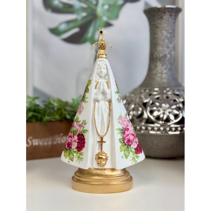 imagem nossa senhora aparecida 20cm coroa folheada manto flor Marsala verde gesso