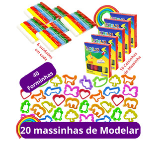 Kit 20 Cx Massinha de Modelar + 40 Molde Cortador Lembrancinha Kit Festa Infantil Escolar
