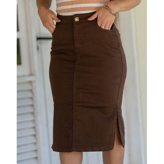 Saia Midi Marrom em Cetim com Lycra e Fenda Discreta Cor Chocolate Feminina Moda Evangélica REF 1240 em Oferta na Shopee