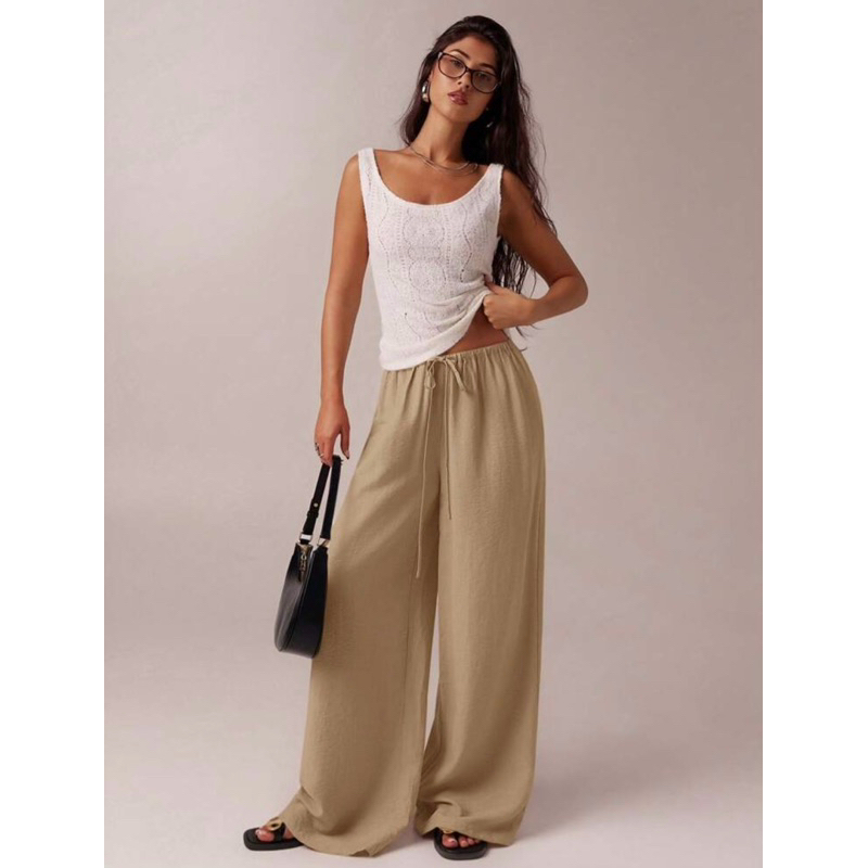 Calça pantalona cordão efeito linho perna larga longa moda praiana