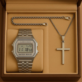 Kit Relógio Retrô + Corrente + Crucifixo Masculino Aço Inox + Pulseira – Oferta Imperdível em Oferta na Shopee