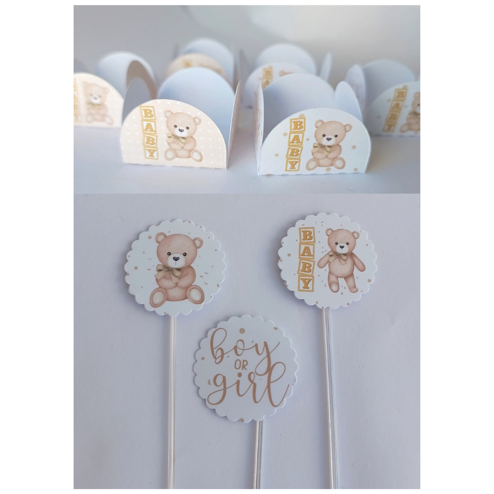 Kit de Forminhas e Toppers para Docinhos Brigadeiro Chá Revelação Ursinho Neutro