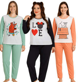 Pijama Feminino Adulto Longo Estampado Personagens/ Pijama Feminino Inverno/ Pijama Meia …