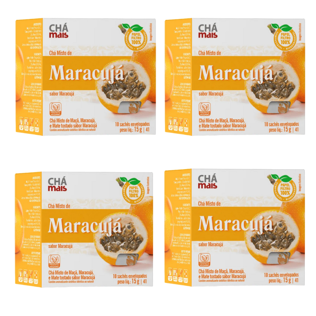 Kit 4 Chás Misto de Maçã, Maracujá e Mate tostado sabor Maracujá - 10 Sachês - Chá mais