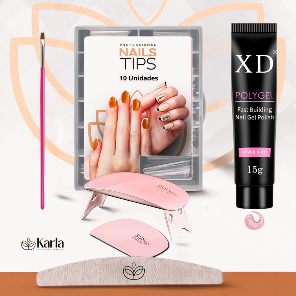 Kit Alongamento Poligel Polygel + Lixa + Molde F1 + Mini Cabine Poly Gel + Pincel