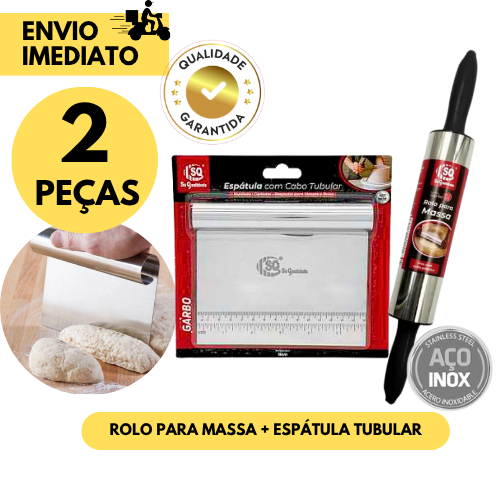 Kit Espátula Tubular Inox + Rolo Abrir Massa Inox Cozinha Confeitaria Pães Pizza Uso Diário