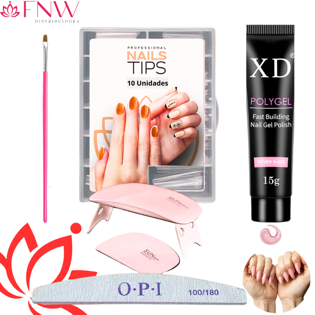 Kit Alongamento Poligel Polygel + Lixa + Molde F1 + Mini Cabine Poly Gel + Pincel