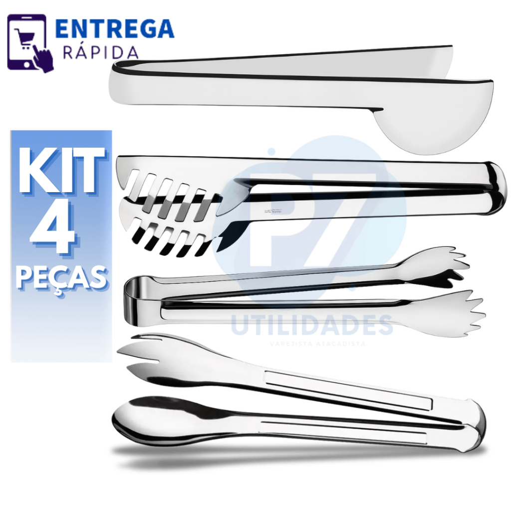 Kit 4 Utensílios para Cozinha Inox Pegador de Massa 20cm Universal 20cm Salada 20cm Gelo 1...