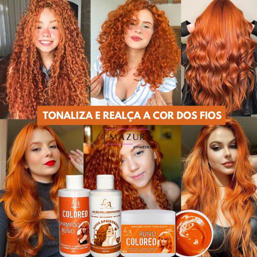 Combo Completo Ruivo Tonalizante Shampoo Condicionador Máscara Hidrata, Tonaliza e Prolonga a Cor