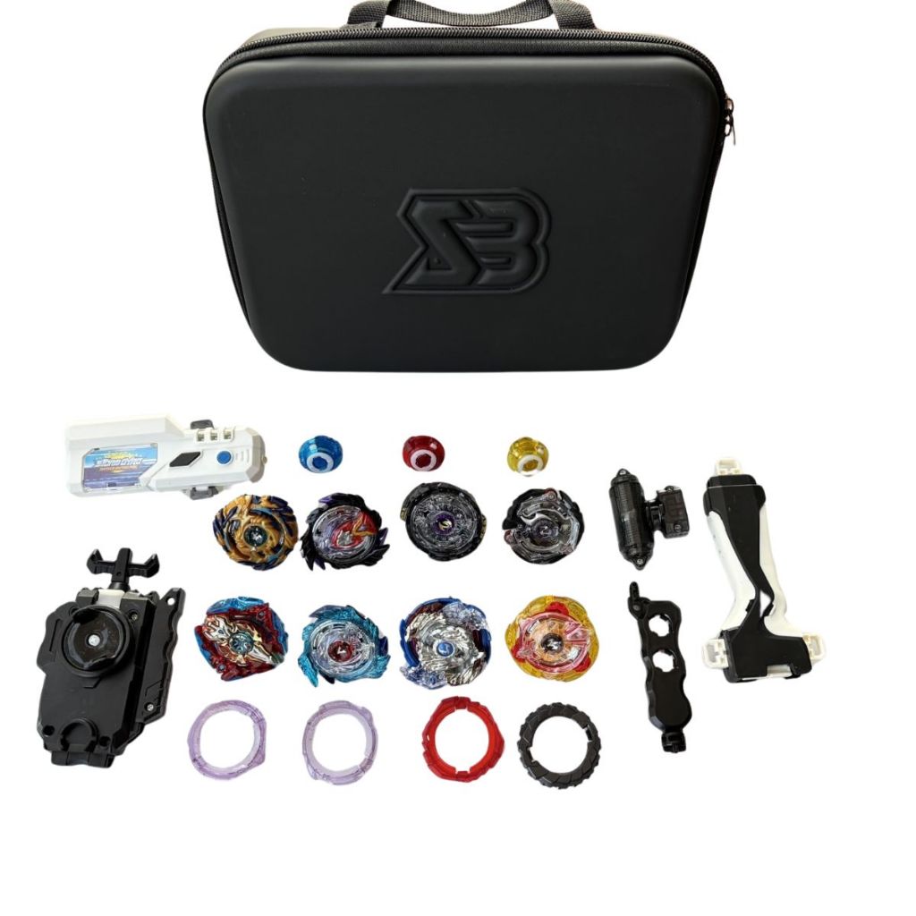 Estojo com 8 beyblades + beylogger + beyblades + case estojo cor sortido