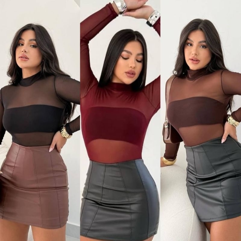 Body De Tule Liso Manga Longa Lingerie Moda Blogueira Moda Gringa Influencer Moda Balada  romântico