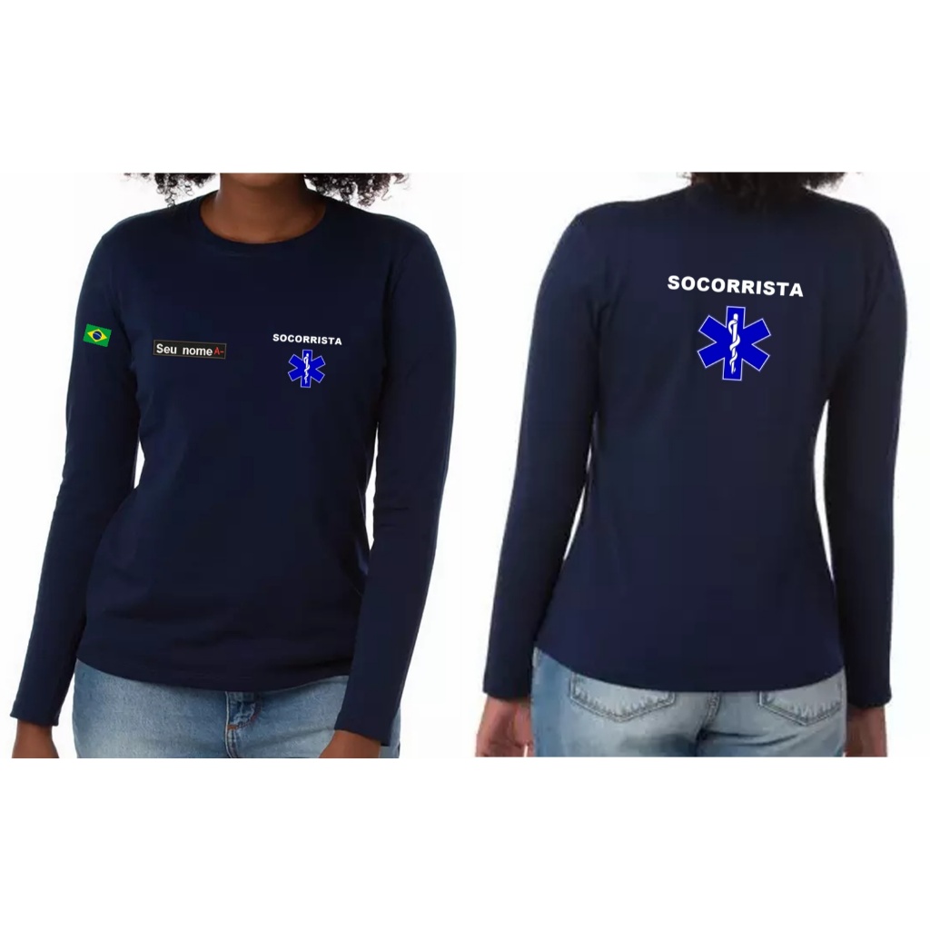 CAMISETA MANGA LONGA FEMININO SOCORRISTA SAÚDE BORDADO em Oferta na Shopee