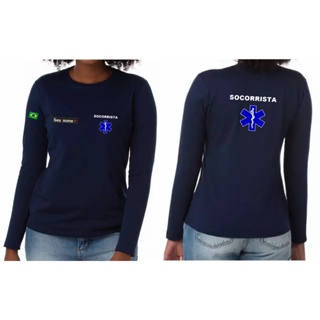 CAMISETA MANGA LONGA FEMININO SOCORRISTA SAÚDE BORDADO em Oferta na Shopee