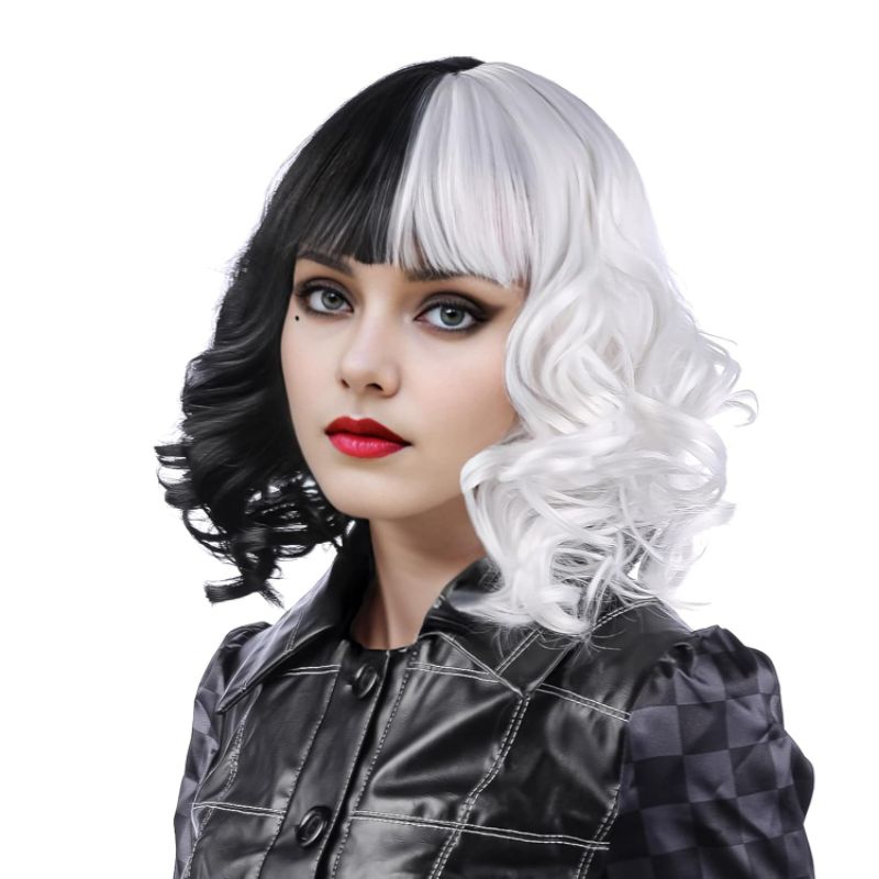 Peruca sintética Cruela preta e branca para cosplay festa fantasia