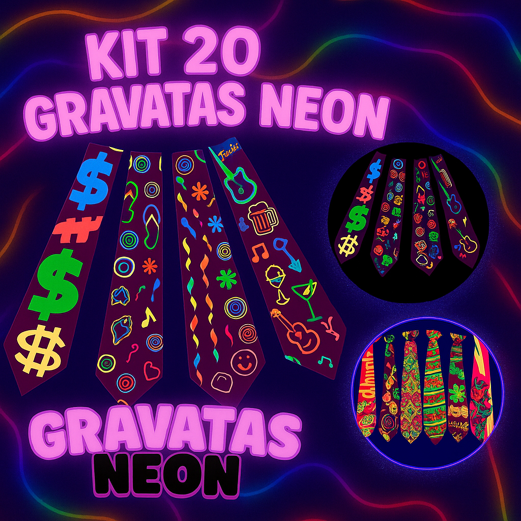 Kit 20 Gravatas Neon Divertidas Para Festa Sortidas Coloridas Neon Acessórios de Balada