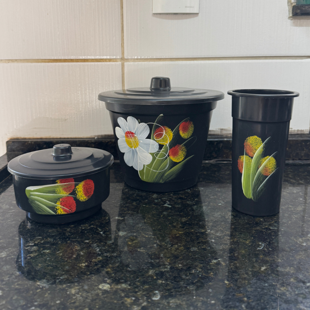 Kit Pia Decorado Flores Conjunto 3 Peças Lixeira Porta Sabão Detergente