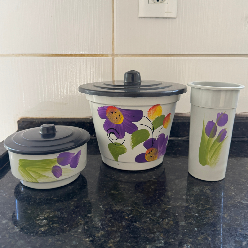 Kit Pia Decorado Com 3 Peças Florido Lixeira Porta Sabão Detergente Moderno em Oferta na Shopee