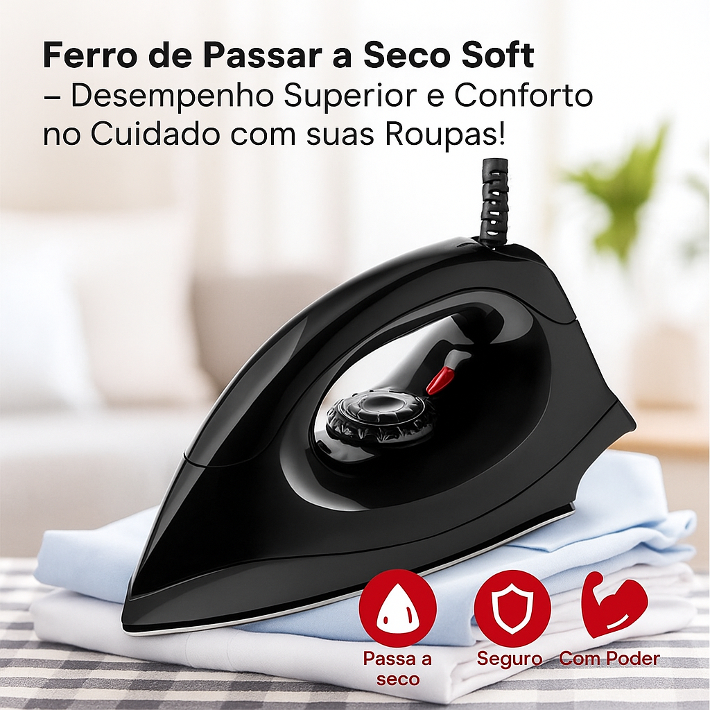 Ferro De Passar Roupas A Seco Soft Premium 127V ou 220V 1000W Com LED Indicativo