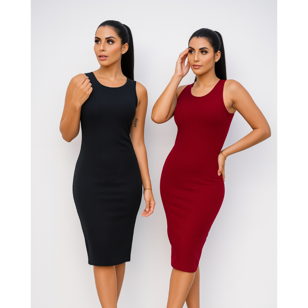 Kit 2 Vestidos Femininos Canelado Midi Regata Justo Tubinho Elegante Casual Confortável Look Básico Estiloso