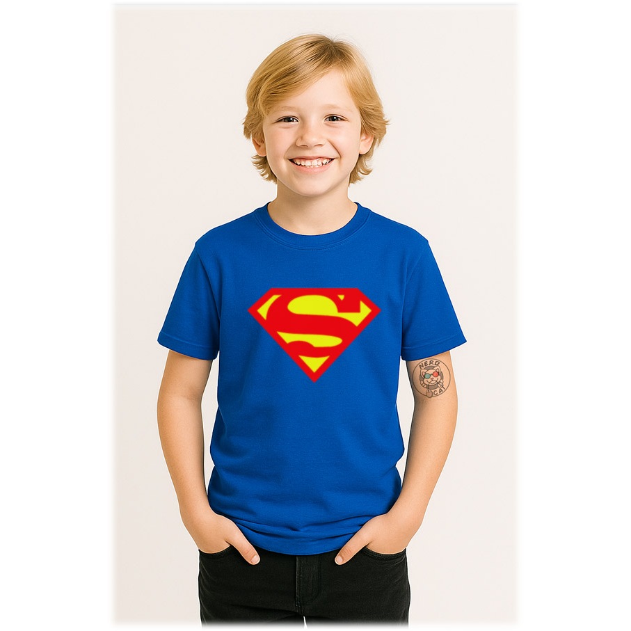 camiseta infantil super homem superman fantasia logo filme serie jogo seriado cult geek nerd clark kent classic