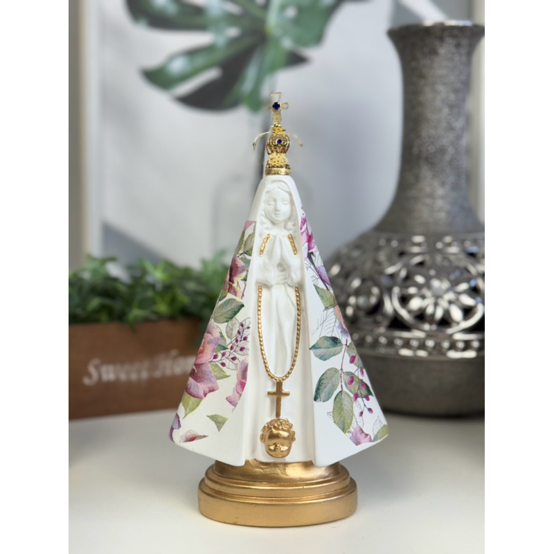 nossa senhora aparecida 20cm coroa folheada flores roxas verde detalhes dourado