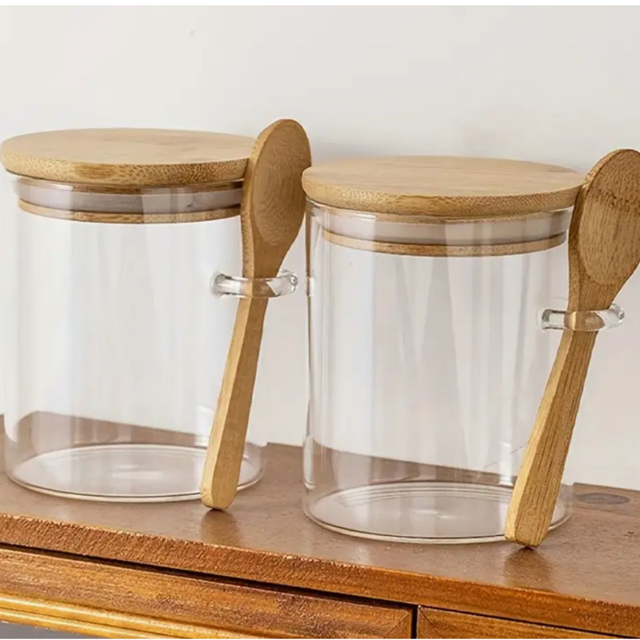 Conjunto 2 Potes De Vidro Borossilicato 500ml Com Colher e Tampa De Bambu Cor Transparente Porta Mantimentos Decorativo