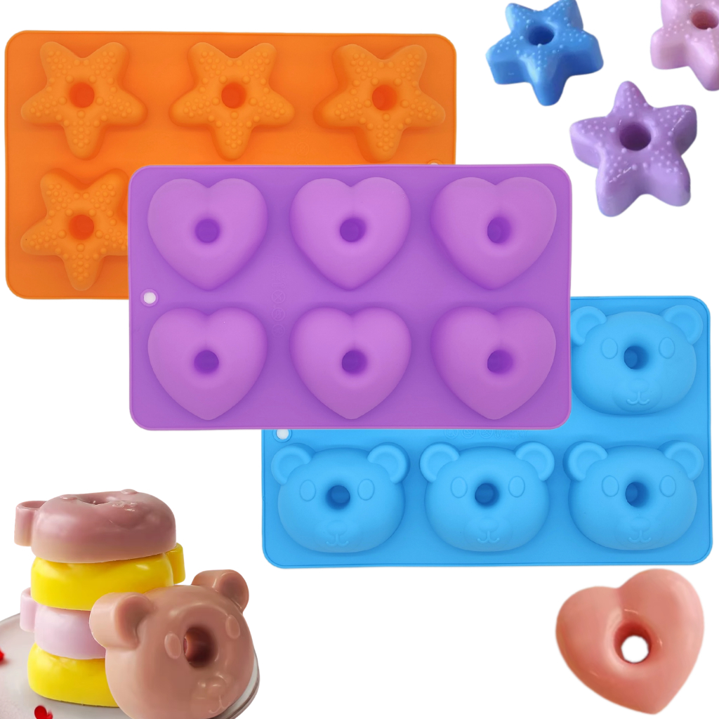 Molde de Silicone Donuts Formas Rosquinas Muffin Pudim 6 Cavidades Coração Ursos Estrela Doces