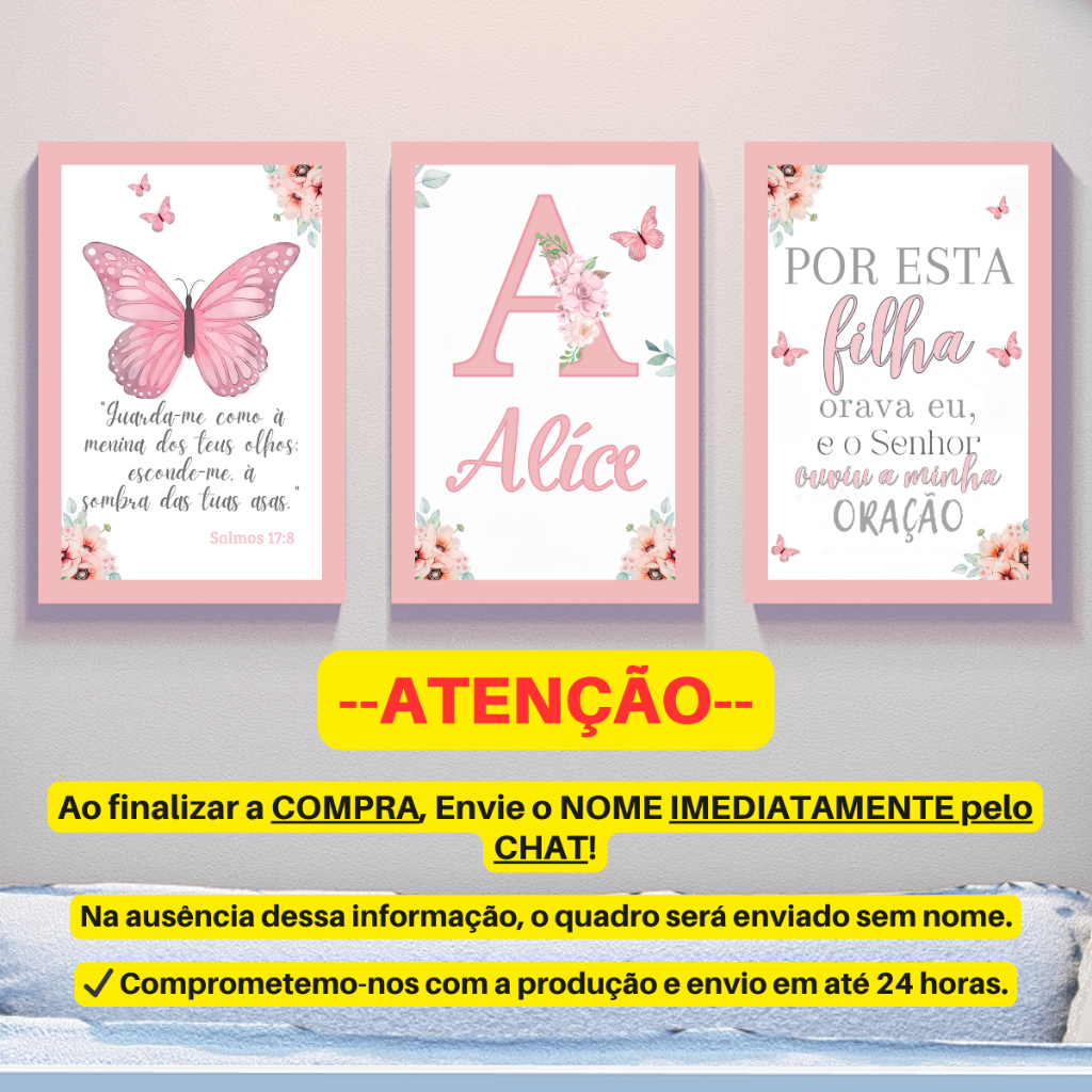 Quadros Decorativos Infantil Borboletas Menina Por Esta Filha Nome Personalizado 3 Peçass