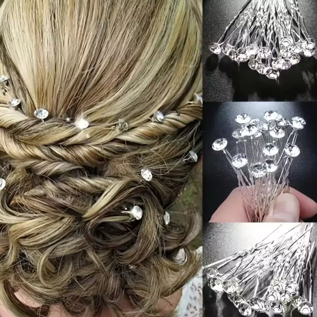 Kit com 12 Grampos Enfeite Para Cabelo Penteado Coque Dourado Prateado Pedras Strass Pérola Linda