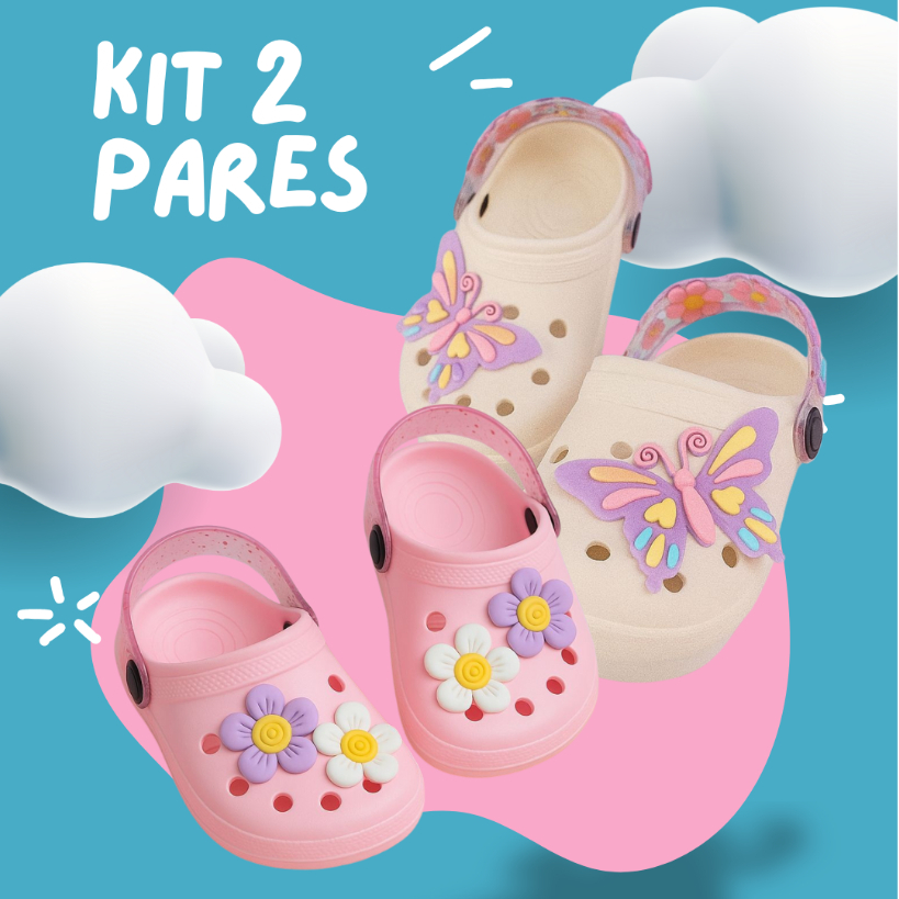 KIT 2 PARES Sandalia Infantil Menina Babuche  Antiderrapante Confortável Kids Menina Feminino Borboletas e Flores