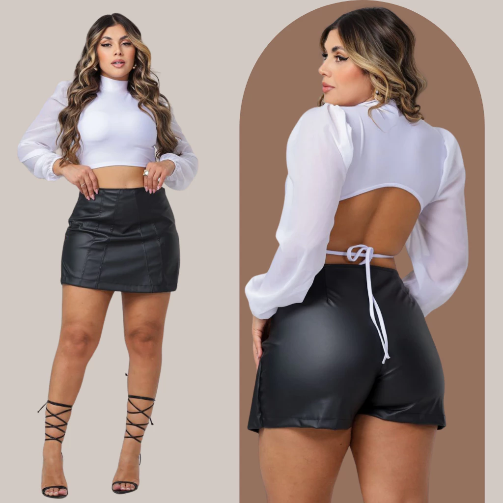 Shorts Saia Couro Fake Feminino PU Cintura Alta Look Noite Balada Fashion Blogueira — imagem 1