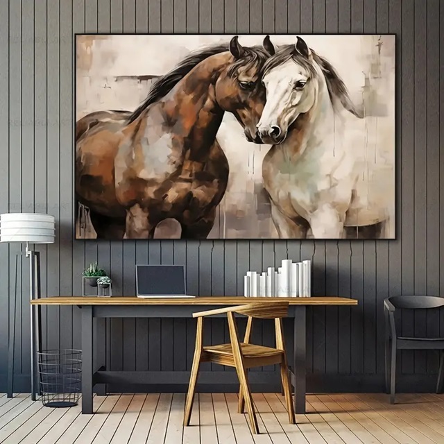 Quadro decorativo 1 peça 90x70 Cavalo marrom branco casal animal natureza fazenda rústico decoração veterinário sala