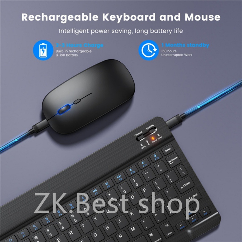 Conjunto De Teclado E Mouse Sem Fio 10 Polegadas Mini Português Ultrafino Recarregável Para Tablet IPAD SAMSUNG XIAO MI - detalhe