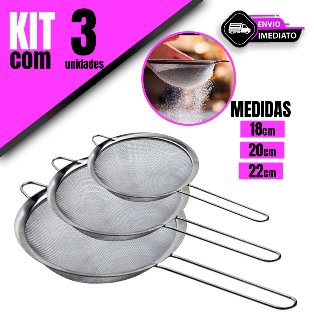 Kit Peneiras Aço Inox com 3 Tamanhos – 18cm a 22cm – Cozinha Profissional