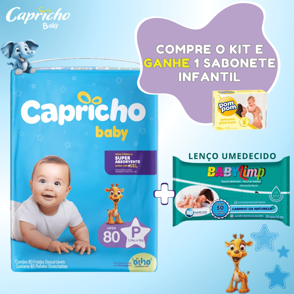 Pacotão de Fralda Capricho Baby Hiper + Lenço Umedecido + Sabonete Infantil