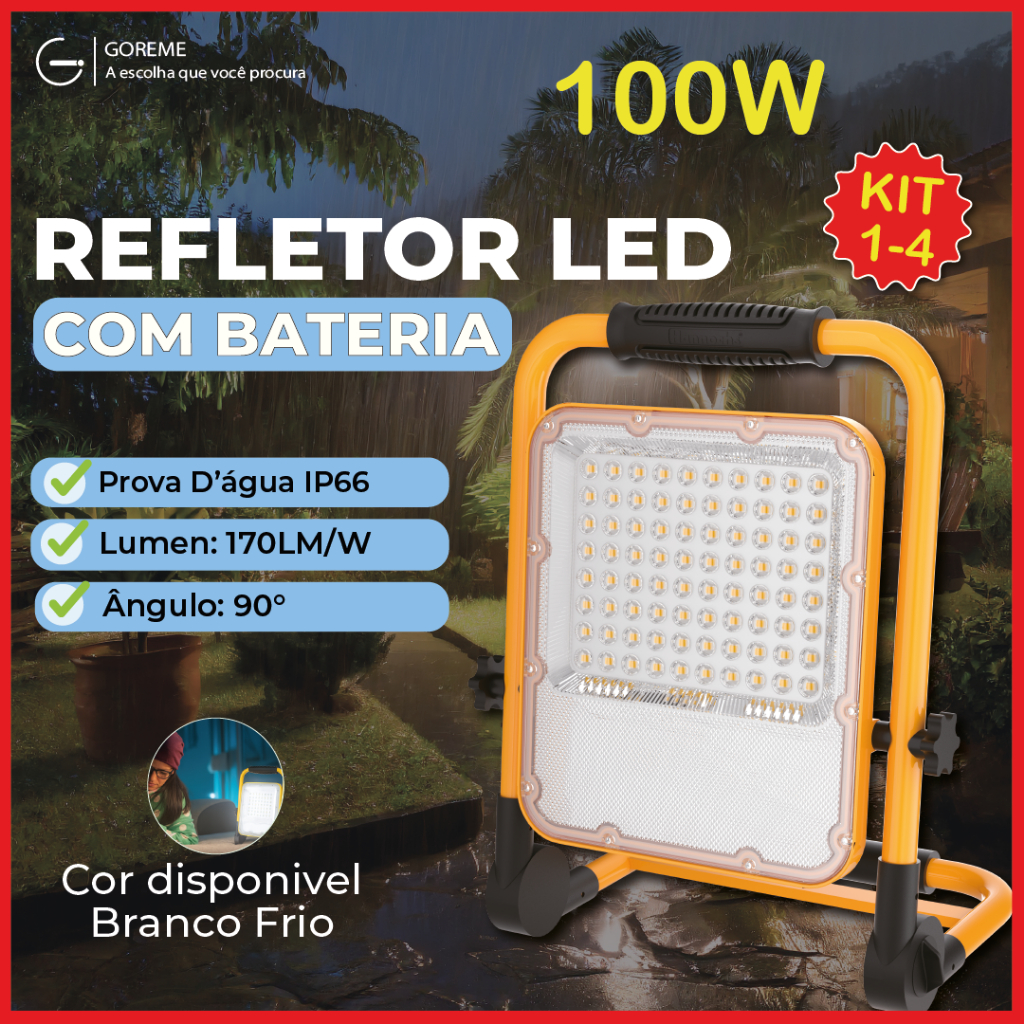 Refletor Holofote Led Pro 100W Com alça antiderrapante Sinalizador Recarregável