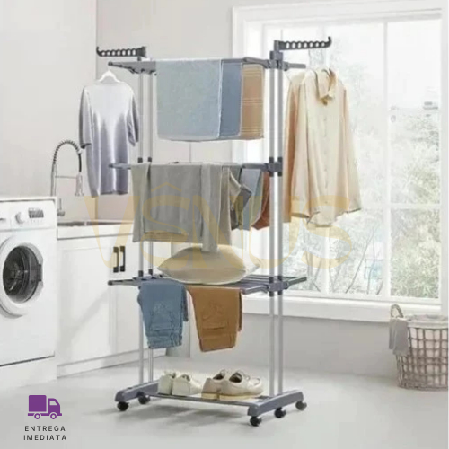 Varal de Chão Grande Dobrável com Rodinhas, 3 Andares Reforçados e Retráteis, Suporta Até 30 Kg em Oferta na Shopee