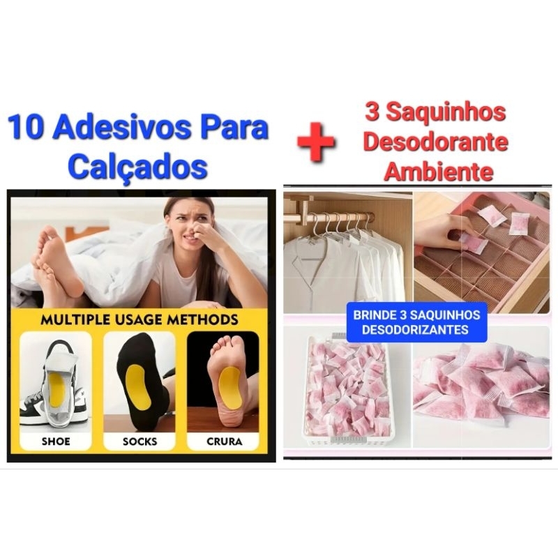 10 Adesivos Anti Cheiro Suor Odor de Pés + 3 Desodorante Ambiente