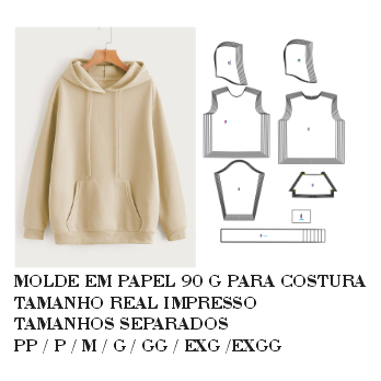 MOLDE ,MODELAGEM DE BLUSA MOLETOM BOLSO CANGURU EM PAPEL 90 G PARA COSTURA HSTZ-044