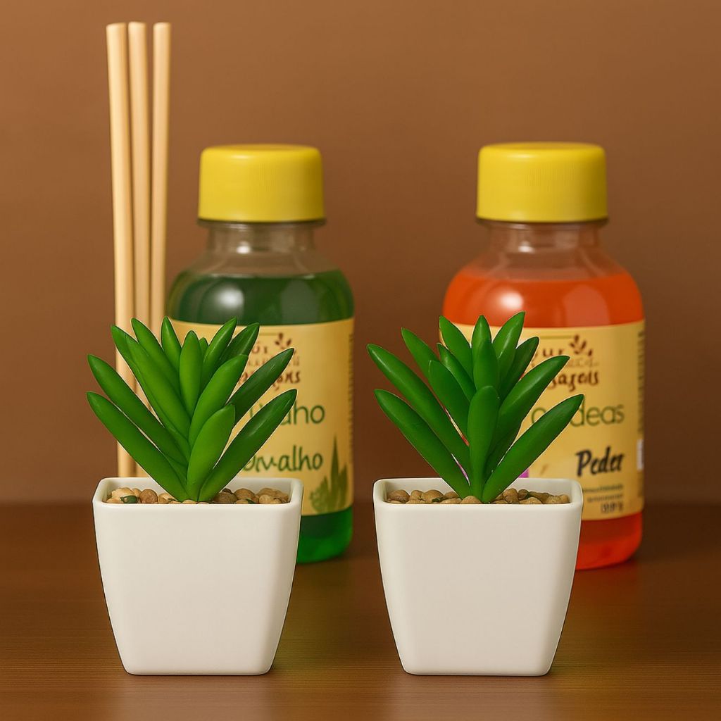 Kit 2 Mini Vasos Decorativos Planta Artificial com Pedras e Aromatizador de Ambientes Orvalho ou Orquídeas