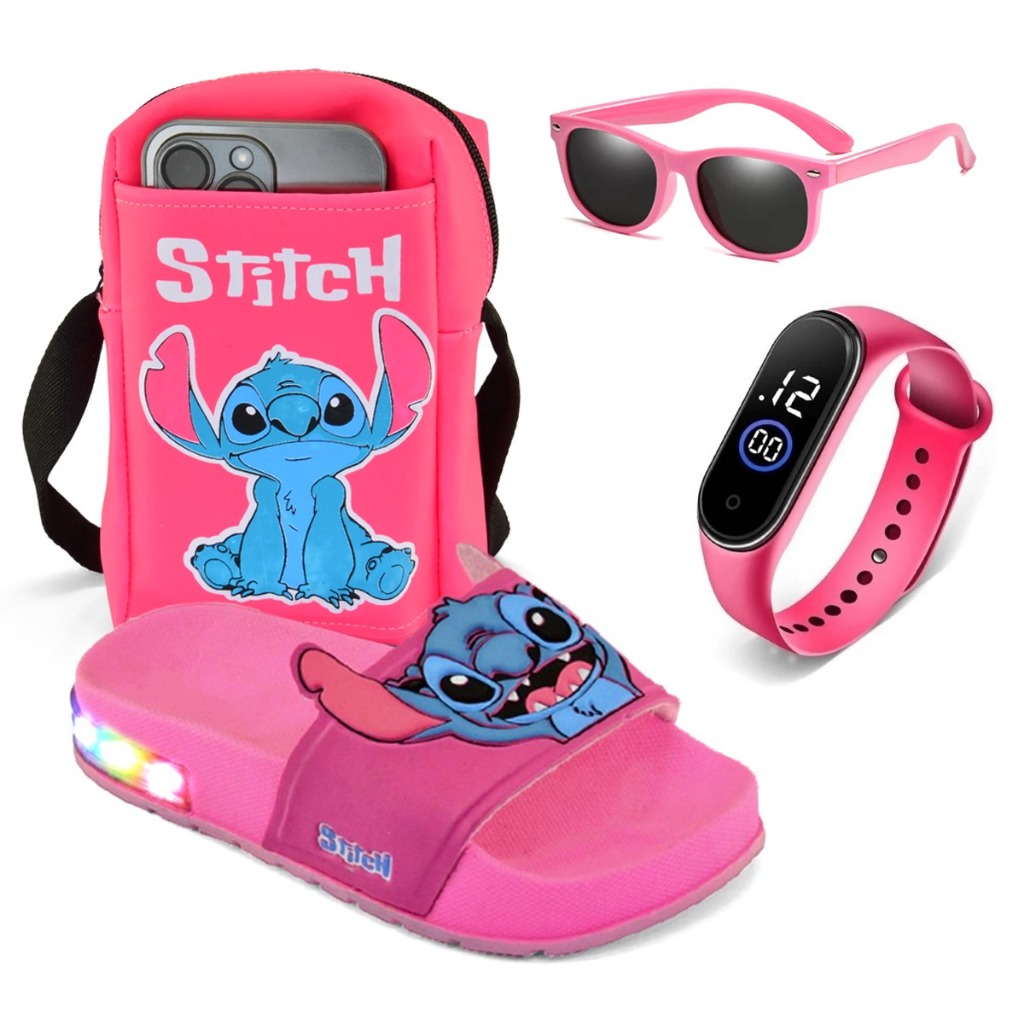 Kit Stitch Infantil LED: Chinelo infantil Slide Luzinha, Óculos, Bolsa e Relógio – Brilho + Diversão em Oferta na Shopee