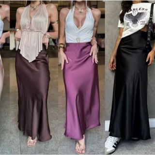 Saia Feminina Midi de Cetim Saia Evasê Elegante saia longa em Oferta na Shopee