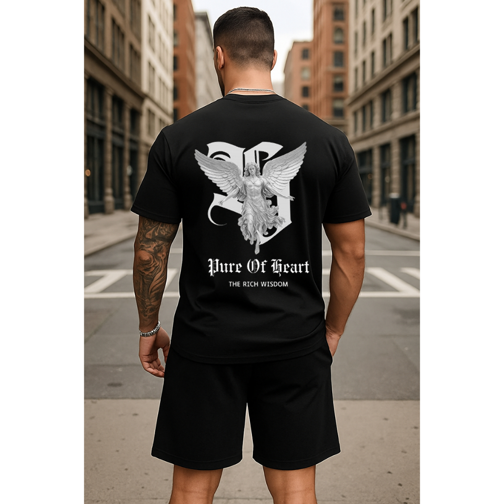 Conjunto Camiseta Básica e Short Masculino Blusa Anjo Pure Of Heart Bermuda Moletom Lançamento