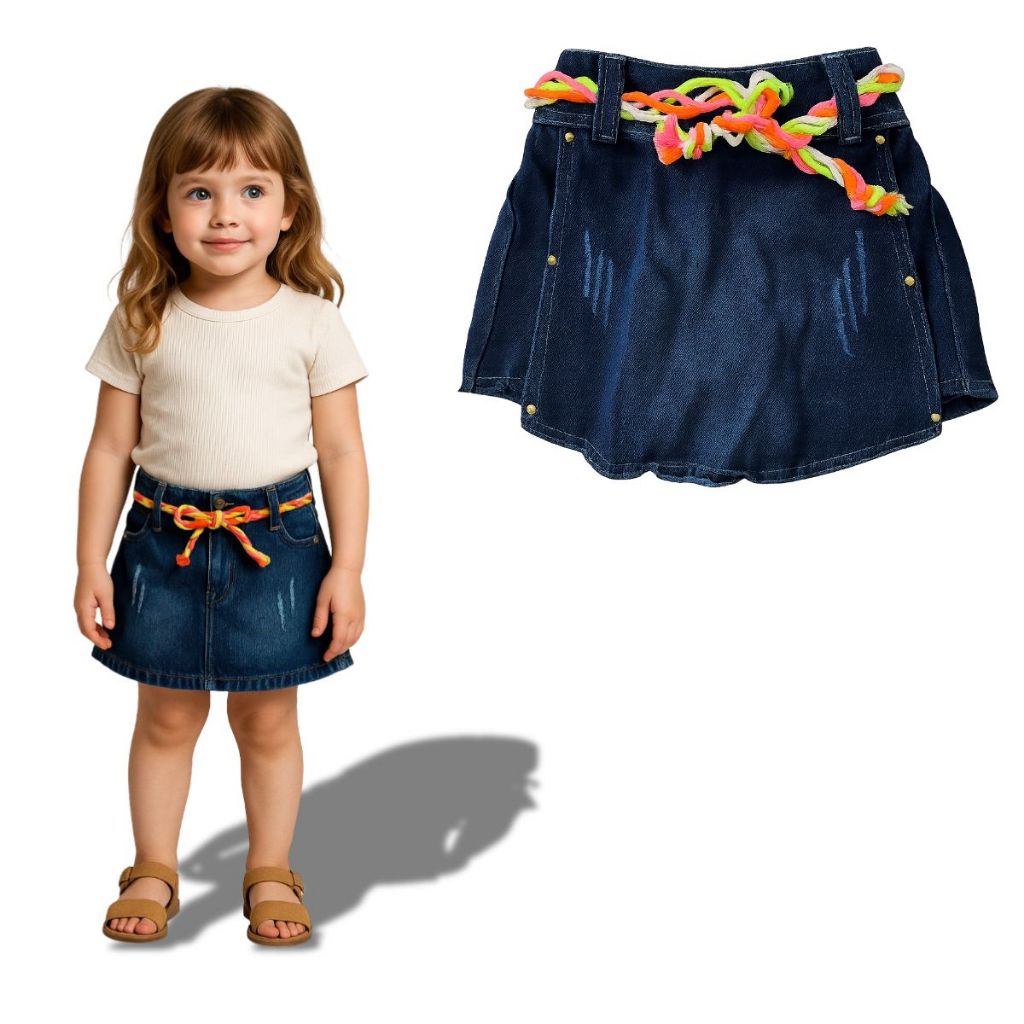 Short Saia Jeans Infantil Feminina Cintura com Cordão Colorido Menina Blogueirinha – Tamanho 0 ao 7 em Oferta na Shopee