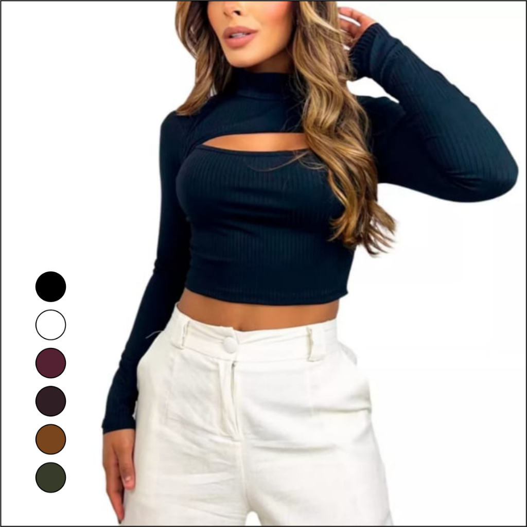 Cropped Feminino Manga Longa Canelado Gola Alta com Decote Vazado no Busto Elegante e Moderno