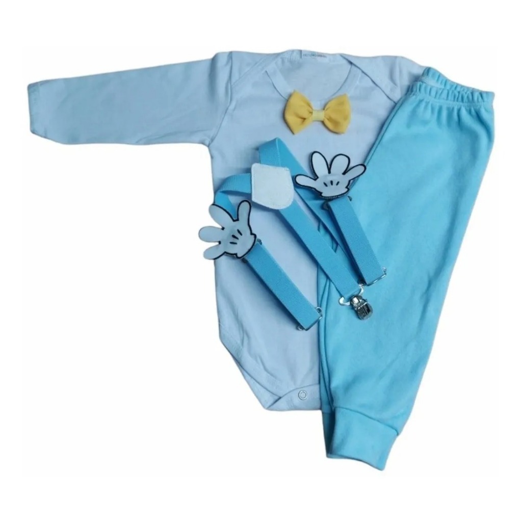 Conjunto Bebê Menino Infantil Fantasia Festa Mickey Baby C/ Suspensório, Body Manga Longo E Calça Roupa Mesversário