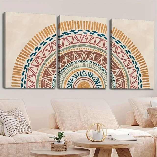 Kit 3 Quadros Decorativos Mandala Boho Abstrata – Arte Geométrica Tons Terrosos em Oferta na Shopee
